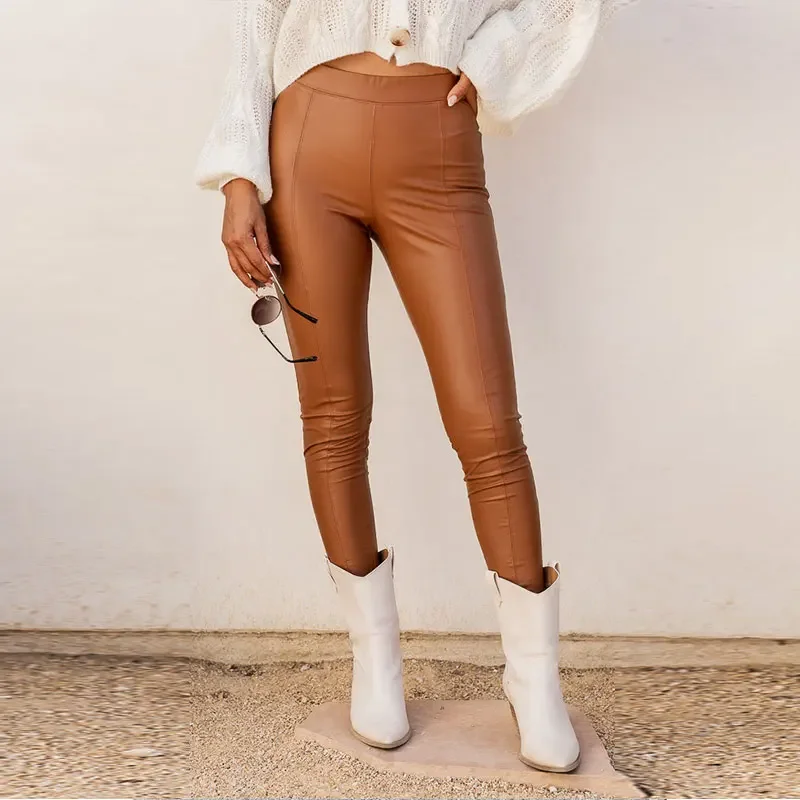 Women's Coffee PU Leather Pants High Waist Straight Slim Trousers Street Retro Skinny Stretchy Sexy Ankle Length Pants Customize