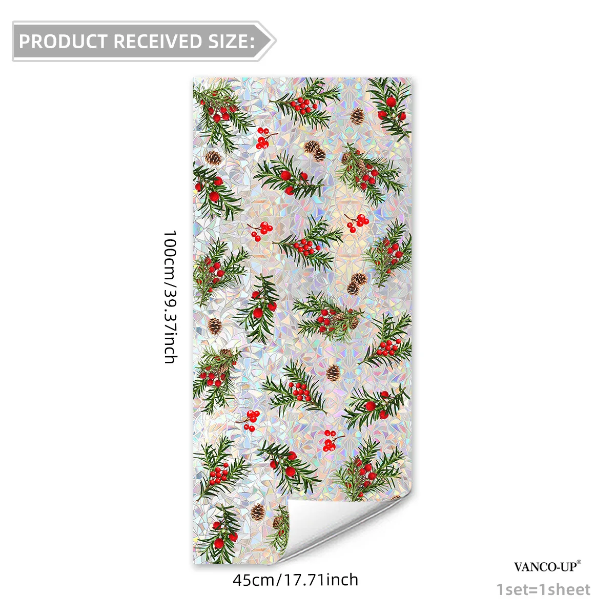 45x100cm Christmas Red Berry Pine Cone Sun Catcher Window Sticker Iridescent Static Cling Film for Holiday Glass Decoration