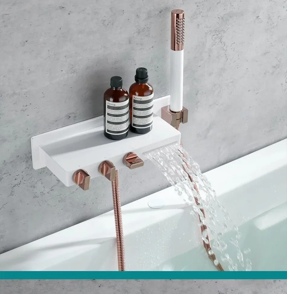 Description Picture 2 of itemBathtub Faucet Set Bathroom Wall Mounted White Rose Gold Solid Brass Big Plate Bathtub Waterfall Shower Set Newly