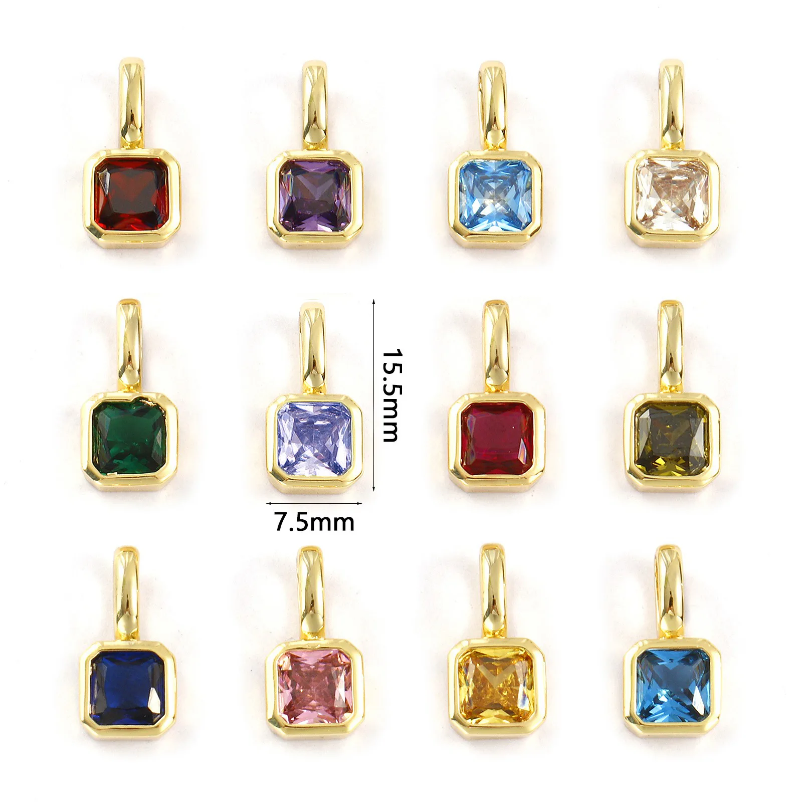 1 Stück Messing- und Zirkonia-Geburtsstein-Charms, 18 Karat vergoldet, quadratische Anhänger für DIY-Halsketten-Schmuckherstellung, 15,5 mm x 7,5 mm – Detail 2
