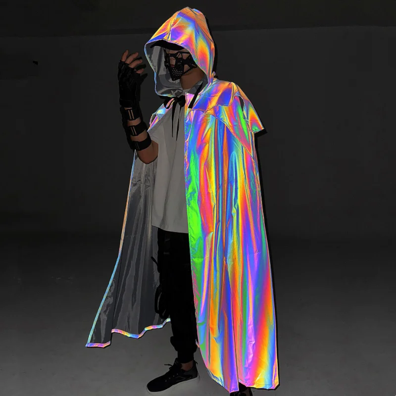 Men Women Colorful Reflective Halloween Party Cloak Y2K High Street Medieva Goth Style Hooded Tactical Trench Coat