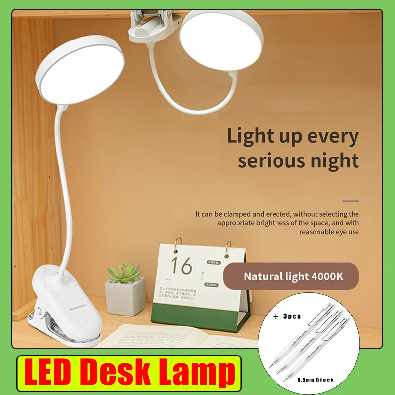 

360° Flexible Desk Lamp 3 Modes Dimming Usb Rechargeable Table Lamp With Clip Bed Eye Protection Reading Book Night Light