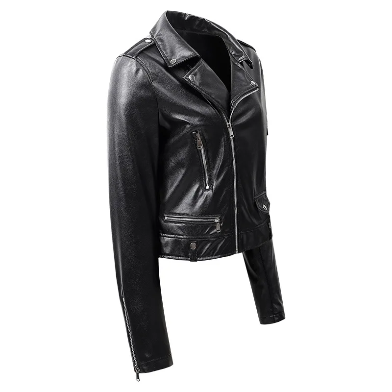 Spring Autumn New Leather Jacket Women Short PU Motorcycle Jacket Turn Down Collar Slim Fit Biker Coat Femme Black Jacket black puffer coat womens Coats & Jackets