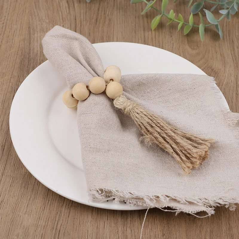 1/12Pcs Wooden Beads Napkin Rings with Tassels Rustic Wedding Table Napkin Holder Buckles Christmas Party Boho Home Decoration