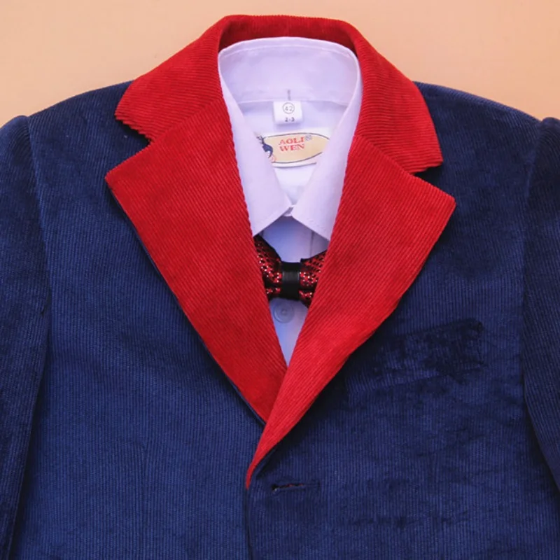 Children Formal Jacket Wedding boys Dress Suit 4 Pieces set high quality jacket+vest+pants +bow tie corduroy blue size 42-56