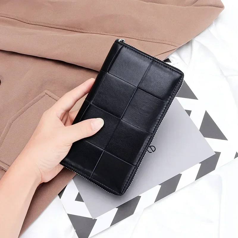 Sheepskin Handbag Women Wallet Real Leather Purse Woven Large Capacity Multi Card Zipper Bag