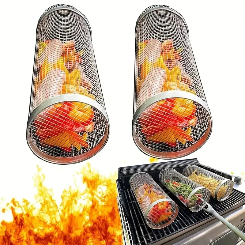 1PC Barbecue Grill Grate Barbecue Cages Camping Picnic Cookware Outdoor Round BBQ Campfire Grill Grid Rolling Basket