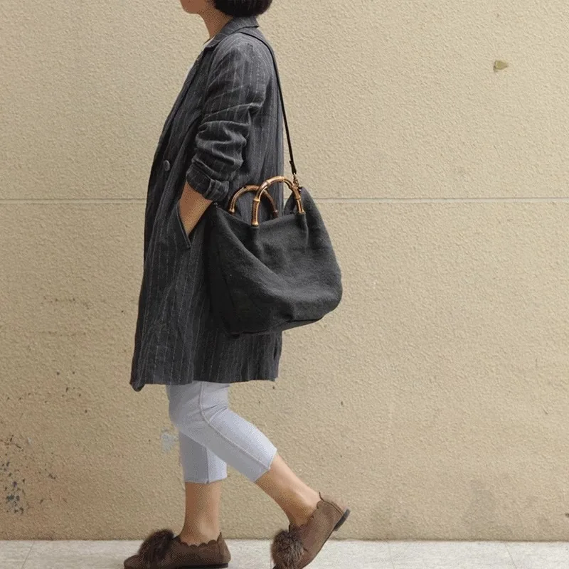 Cotton linen bamboo Large Capacity Women Tote Bag Soft Surface Single Shoulder Bag High-end Feel Commuting Tote Vintage Handbag