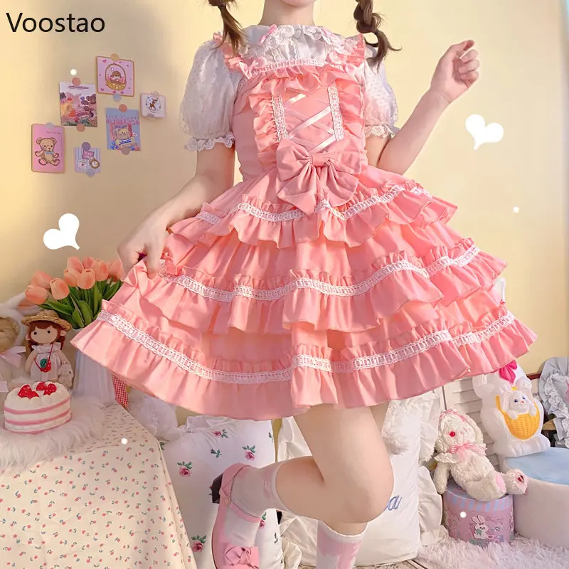 Japanese Kawaii Lolita Jsk Dress Women Vintage Gothic Ruffles Sleeveless Sweet Bow Princess Mini Dresses Girly Punk Strap Dress lolita dress lolita suspender dress lolita cosplay costumes suspender dress