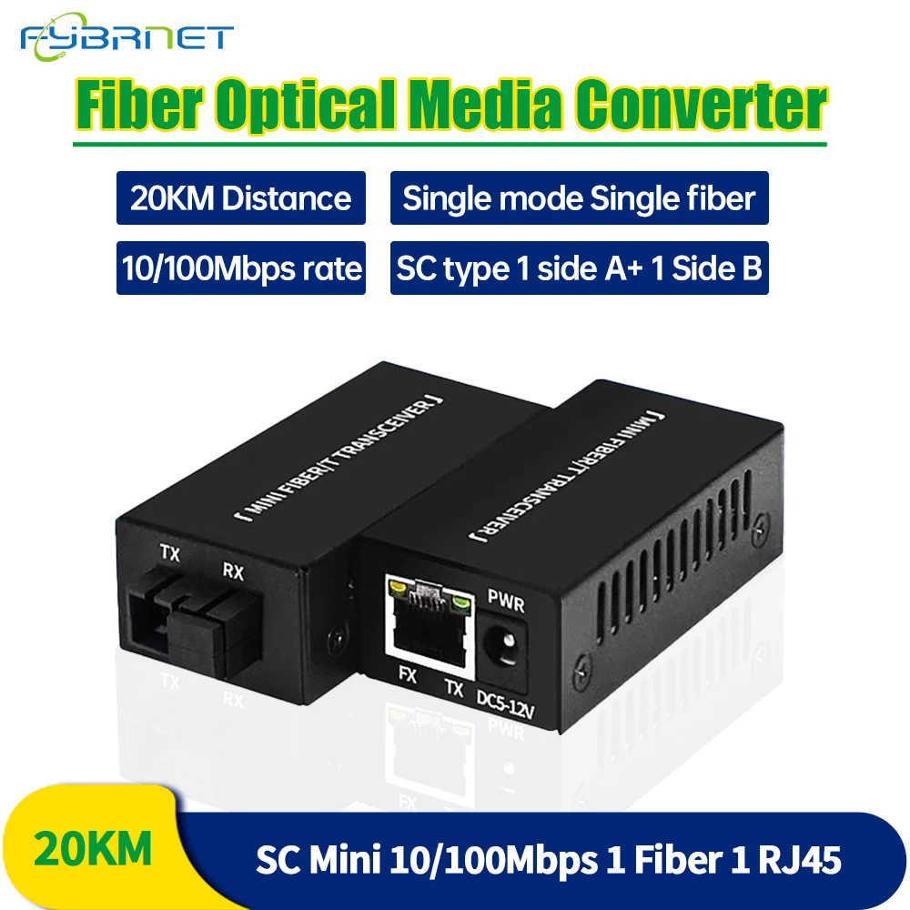 1 Pair 10/100Mbps  Mini 1F1E Optical Fiber Media Converter Fiber Transceiver Singlemode Simplex 10/100M SC 25KM Fiber Switch