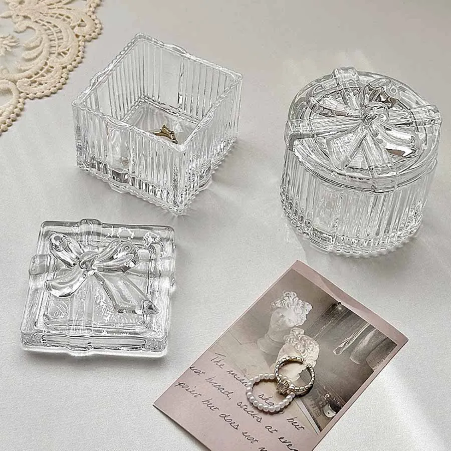 Bowknot Crystal Glass Jewelry Storage Box-Transparent Exquisite Organizer with Lid Multifunctional Home Decor for Dressing Ta