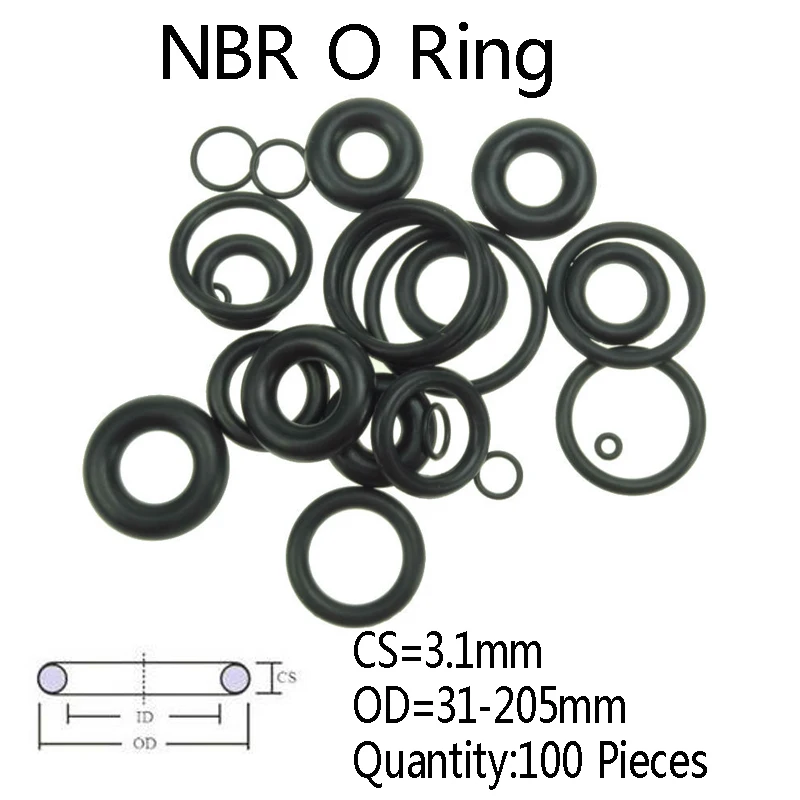 

100 Pieces CS 3.1mm NBR Rubber O Ring OD 31-205mm Automobile Black O-Ring Oil Sealing Gasket