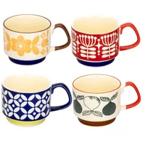 300ml Japanese Flower Coffee Mug Set Retro Ceramic Milk Oats Mug Office Water Handgrip Cup Kitchen Party Drinkware Set 6