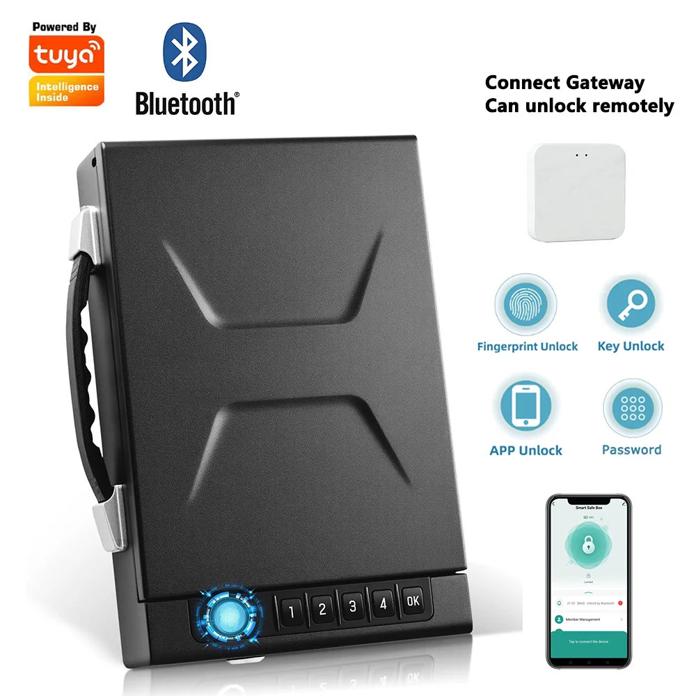 New Portable Tuya 4-in-1 Gun Safe Biometric APP/Password/Fingerprint/Key Unlock Alloy steel material Pistol Safes Box For Home