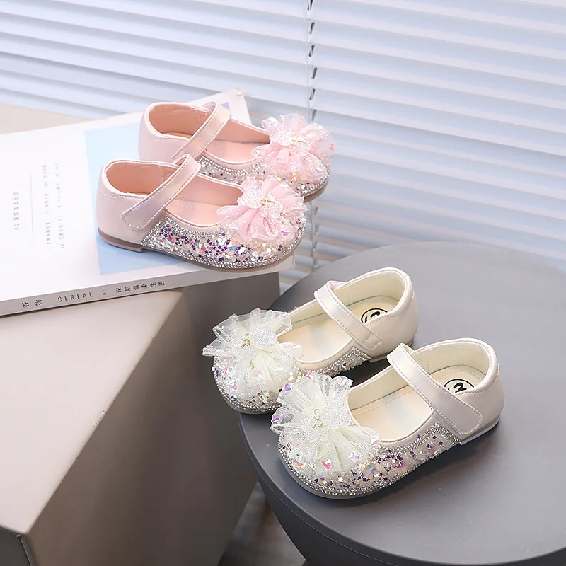 Girls Leather Shoes with Star Sequins Kids Dress Shoes Princess Style Fashion Elegant New Children Flat with Mesh Bow
