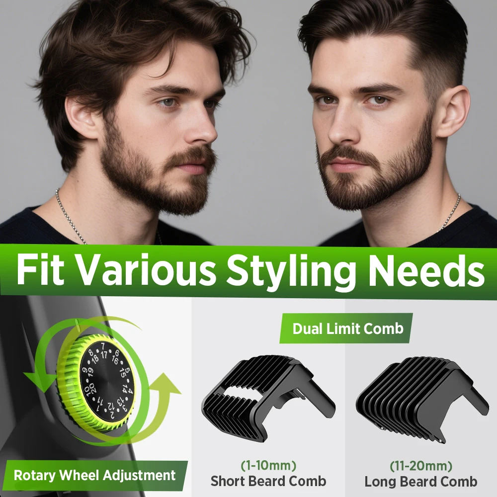 Cordless Men Beard Trimmer Rechargeable Electric Shaver with 20 Trim Built-in Va