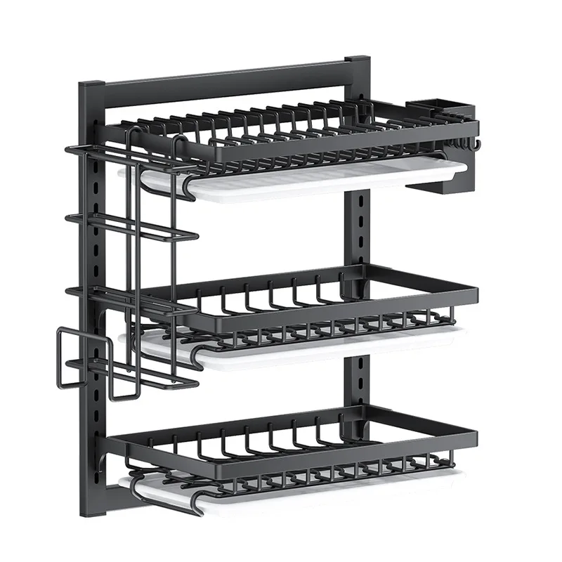 Wall-Mounted Kitchen Dish Rack Multifunctional Kitchen Organizer with Drainboard Cutlery Storage Holder Dinnerware Drainer 6