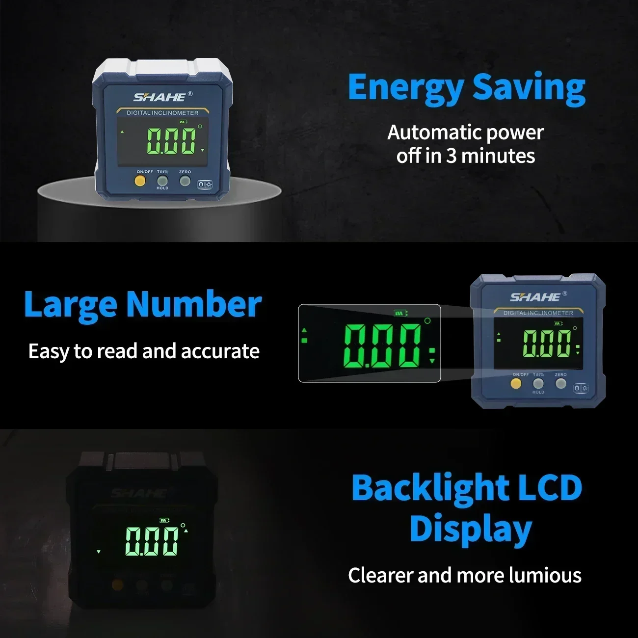 SHAHE 4*90°Digital Angle Finder Electronic Angle Gauge with 4-Side Magnet Large LCD Digital Level Box Protractor Bevel Gauge 4