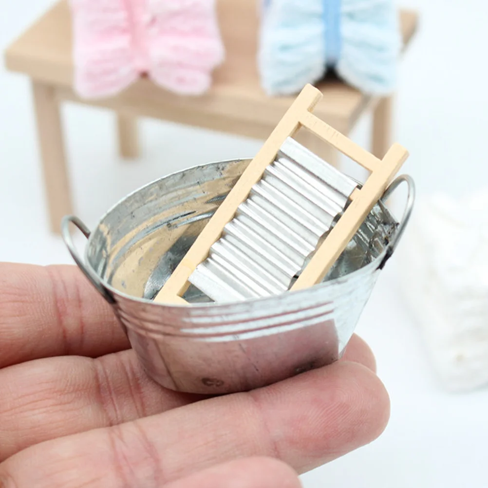 Mini House Basin Wash Board Decor Dollhouse Miniature Basin Washboard Bucket Set Mini Mobili