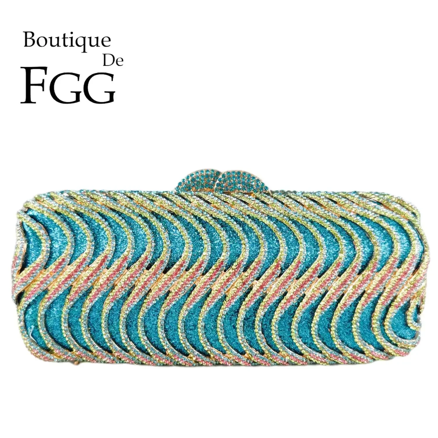 

Boutique De FGG Blue Ab Women Crystal Evening Clutch Purse Wedding Party Formal Metal Box Handbags Bridal Minaudiere Bag