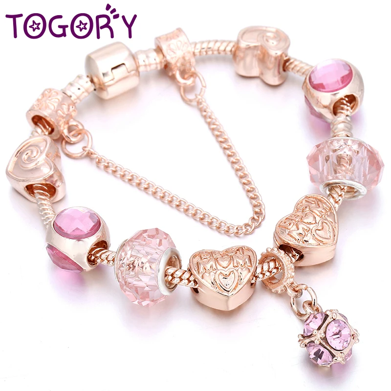 

Hot Selling Heart Best MOM Charm Bracelets & Bangles Crystal Rose Gold Beads Bracelets For Women Mother Jewellery Dropshipping