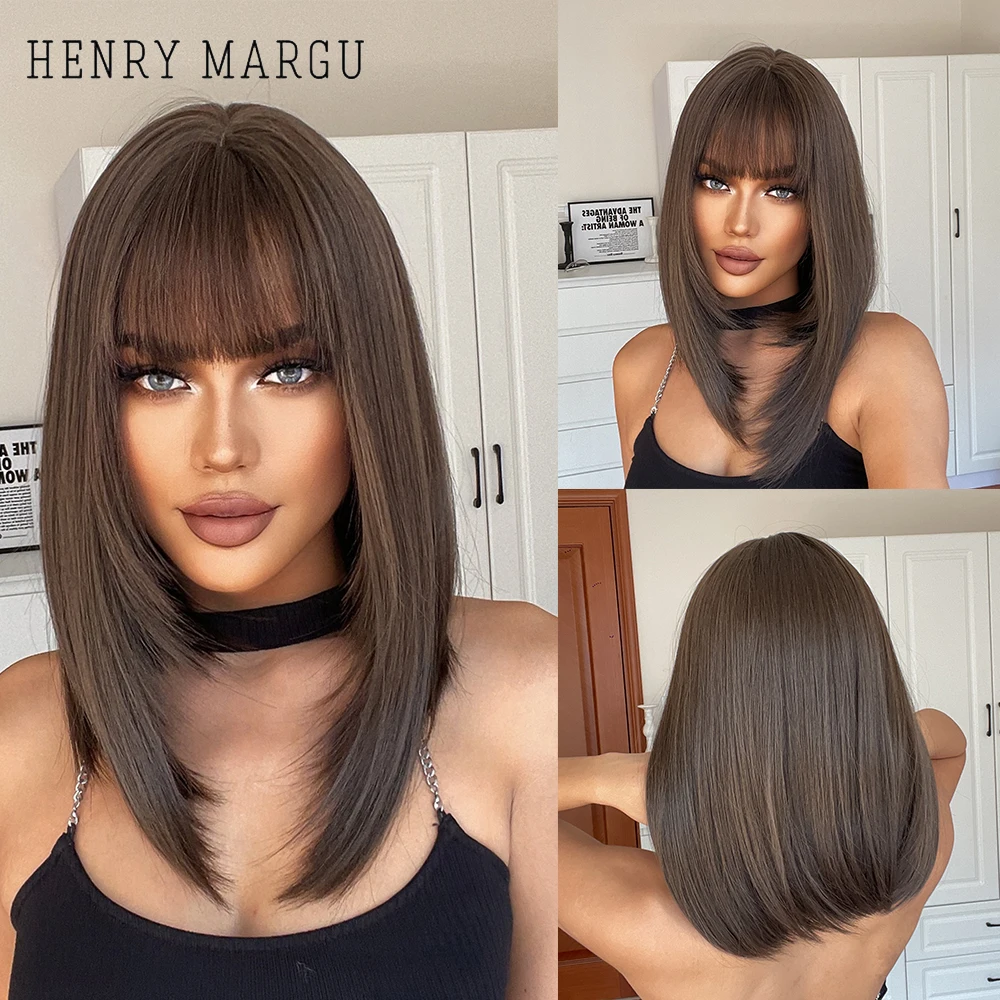 HENRY MARGU Dark Brown Synthetic Wigs Short Bob Wigs With Bangs Natural Straight Wigs for Women Daily High Temperature Hair Wigs