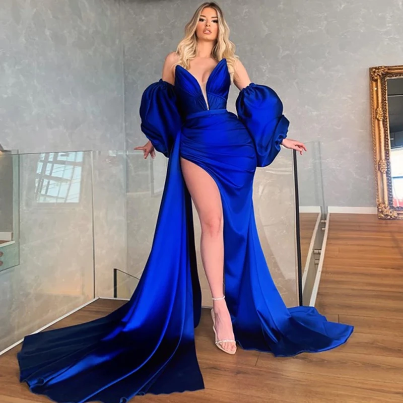 

Royal Blue Evening Dresses Detachable Puff Sleeve Side Slit Party Prom Gown Satin