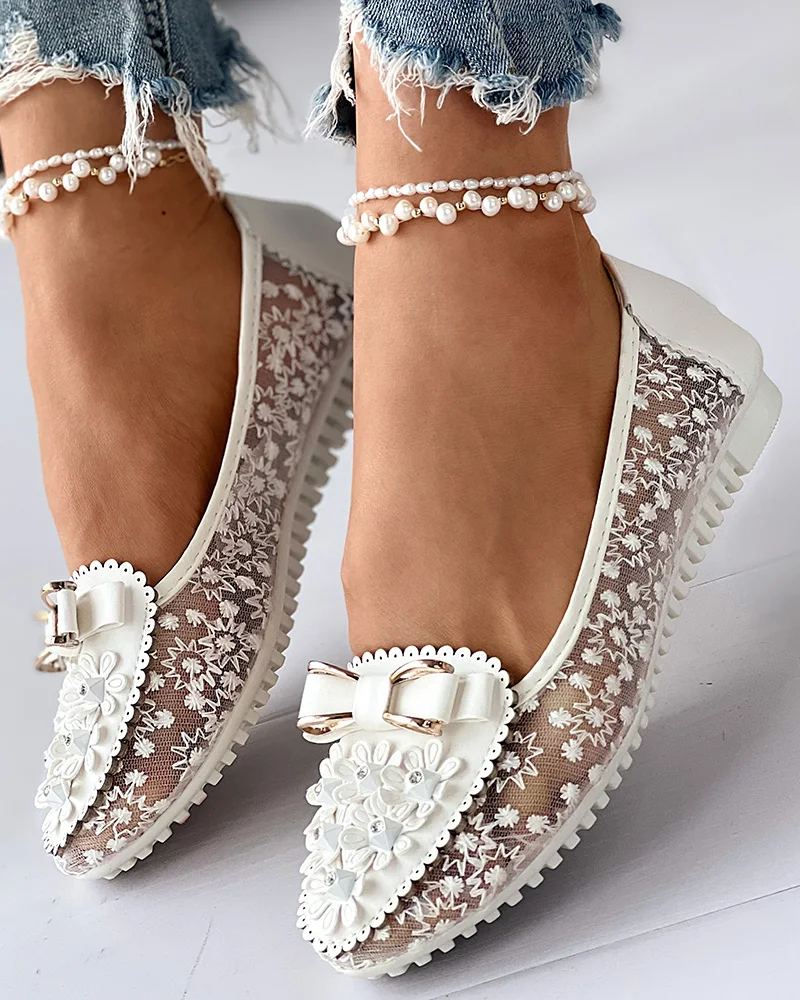 Women Floral Embroidery Bowknot Loafers Flower Sneakers Summer Breathable Solid Color Vulcanized Non-slip Shoes