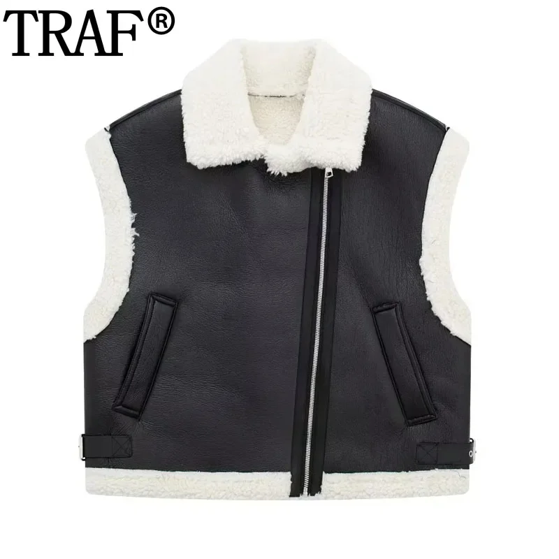 

TRAF Faux Leather Fleece Vest Cropped Black Vest Woman Autumn Winter Sleeveless Vests For Women Double Sided Short Plush Jacket