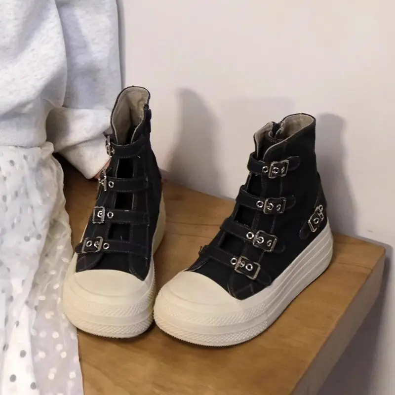 2024 Belt Buckle Woman Platform Sneakers Shoes Female Retro Punk High-top Casual Shoes Canvas Shoes Ladies Fashion Cloth Shoes 3