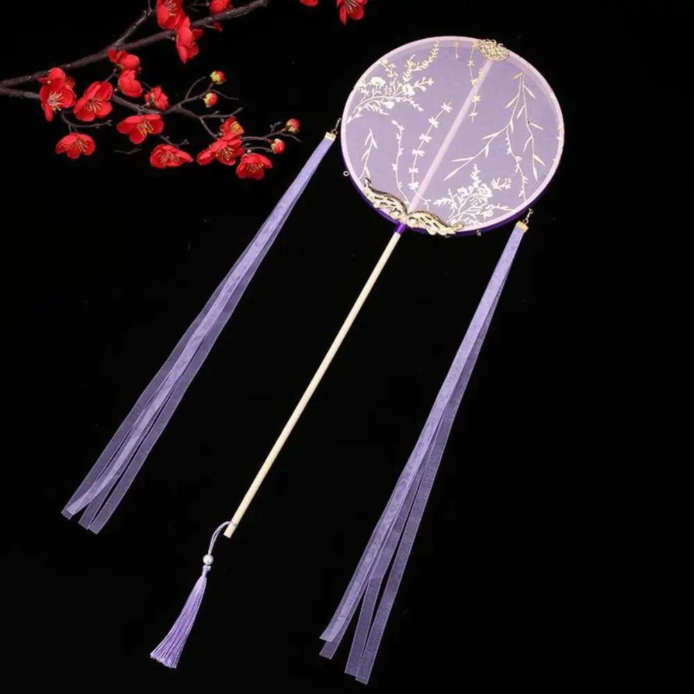 

Chinese Style Chinese Style Round Fan Classical Long Handle Tassels Silk Fan Translucent Round Embroidery Fan Photography Prop