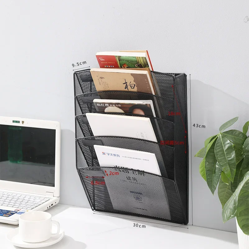 5 Layer Metal Mesh Wall-Mounted Magazine Rack, Office Desk File Organizer, Archive Storage Black Shelf, Space-Saving Solution