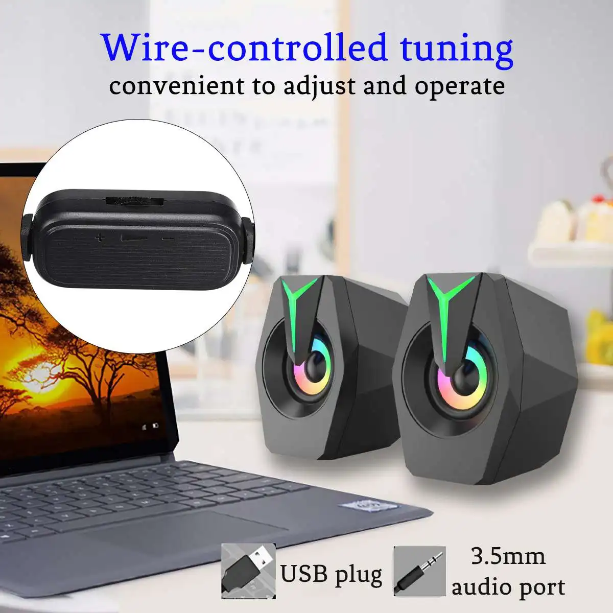 K8 2PCS 2Inch Mini Portable Computer Speakers Subwoofer USB+3.5MM Desktop  RGB Light Gaming Speaker Loudspeaker for PC Laptop