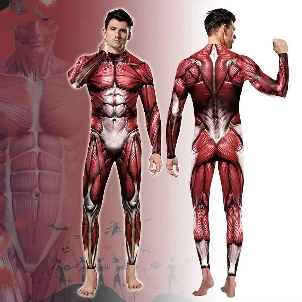 new Halloween muscle cosplay stage performance costumes funny costumes printed one-piece tight fitting clothes for men and women