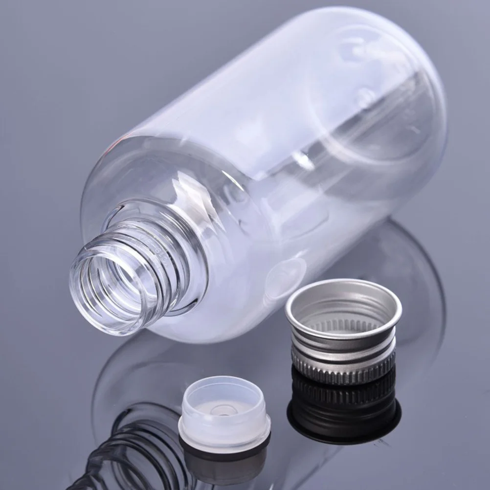 

10pcs Empty Travel Bottles with Metal Scew Caps Portable Refillable Makeup Containers for Lotion Shampoo 100ml ( Clear )