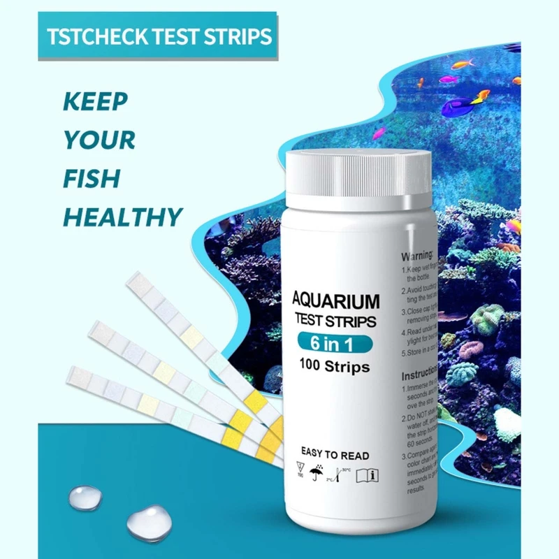 100 Counts Aquarium Test Strips Fish Tank 6 in 1 Test Kit for NO2 Nitrate KH PH Chlorine GH aquarium test strips