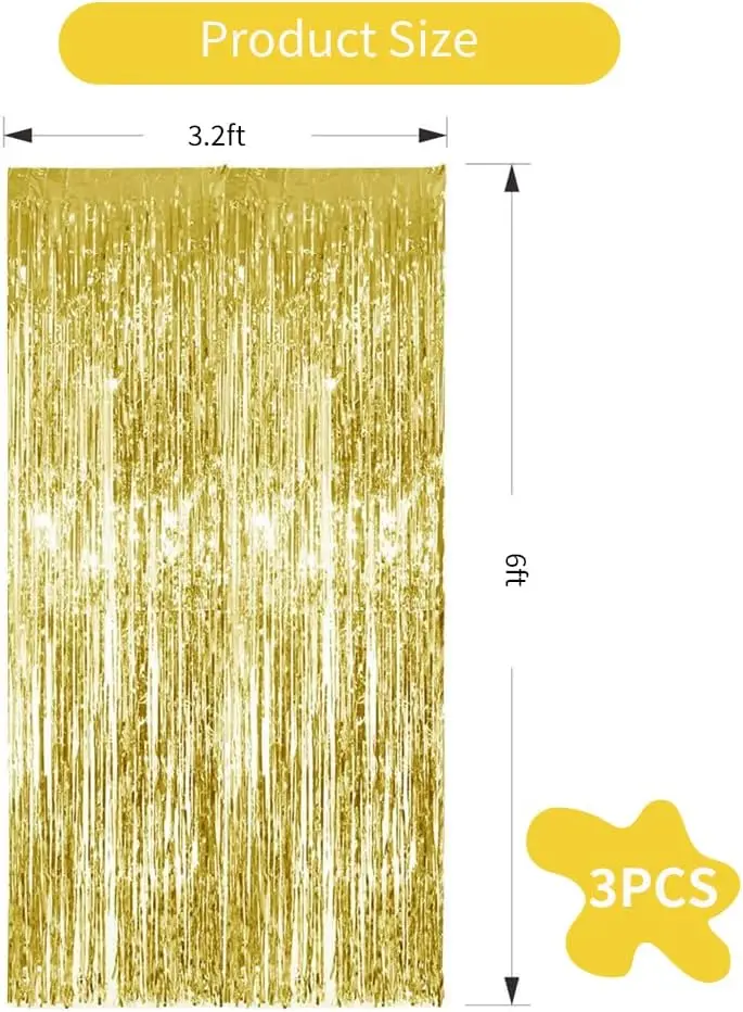 3 Stück, Hintergrund Metallic Streamer Goldfolie Fransen Vorhänge für Geburtstag, Weihnachten, Abschlussfeier, Bachelorette Party Streamer Dekor – Detail 7