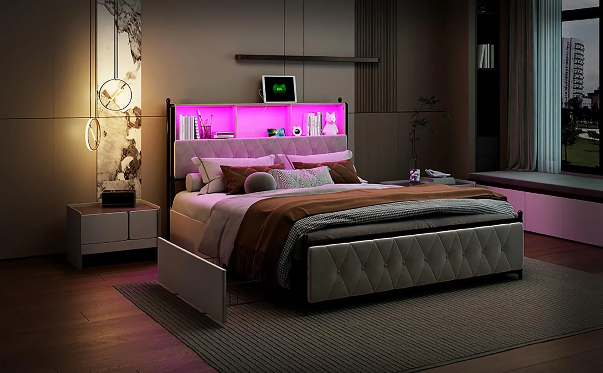 Comanlai Polsterbett mit Fach-LED-Kopfteil, 4 Schubladen und USB-Anschlüssen, Bett mit Lattenrost, ohne Matratze, Beige – Detail 5