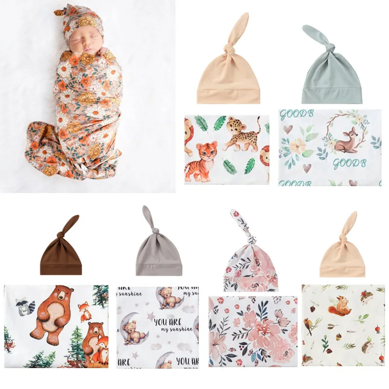 New Bamboo Fiber Baby Blanket+Hat Set Jungle Animals Designs Newborn Receiving Blanket Anti-Kick Swaddle Wrap with Beanie Cap