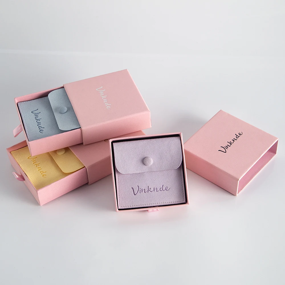 Thick Pink Paper 9x9x1.7cm Drawer Portable Jewelry Packaging Box and 8x8cm Necklace Bracelet Earring Microfiber Snap Button Bag