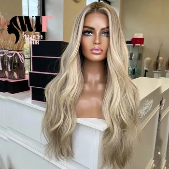 WIF Body Wavy Ombre Blonde Synthetic Lace Wig Long Wavy Natural Hairline Black Root Ash Blonde Lace Front Wigs Makeup Use Hair 1