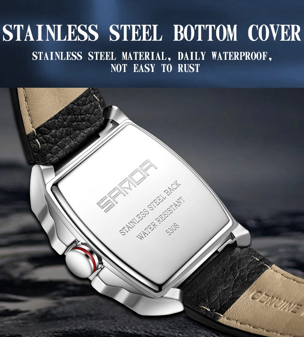 2023 SANDA New Quartz Men's Watch Square Belt with Three Eyes and Six Pin Pin Scales Fashion Trend Fluorescent Men's Watch 5308
