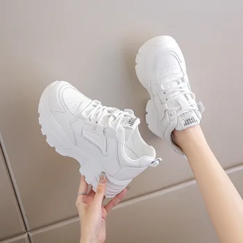 Women's Sneakers White Platform Shoes 2025 Lace-Up Thick Bottom Vulcanize Shoes Solid Color Casual Shoe Pu Leather Women Shoes 1