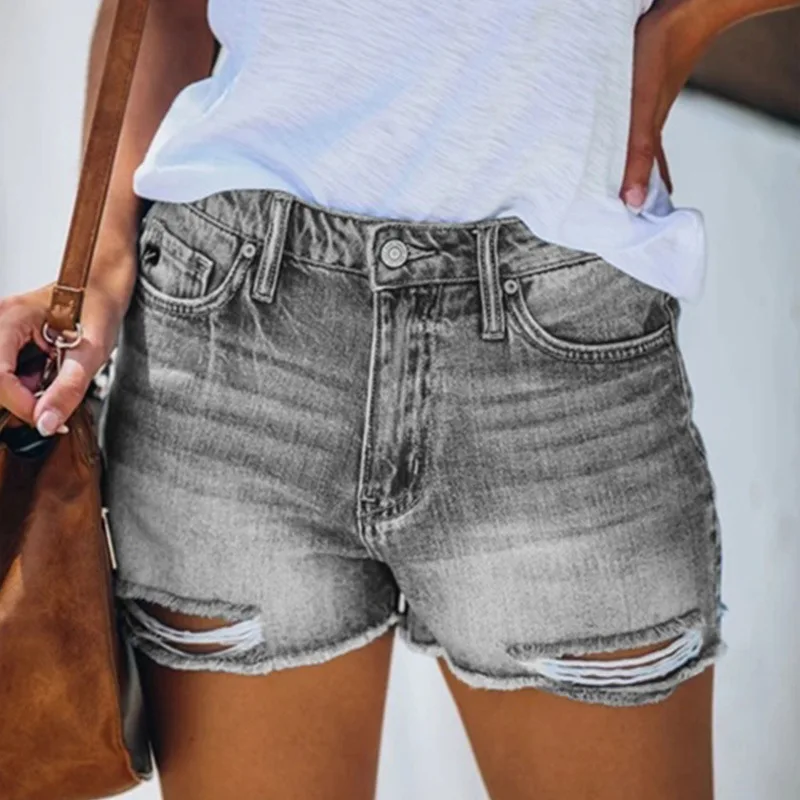 Women High Waist Button Splicing Denim Shorts Summer Broken Holes Tassel Three Quarter Pants Female Fashion Commuter Mini Jeans