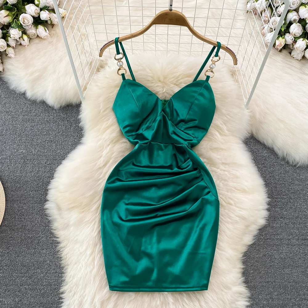 Women's Chic Spaghetti Strap Dress Korean Style Solid Color