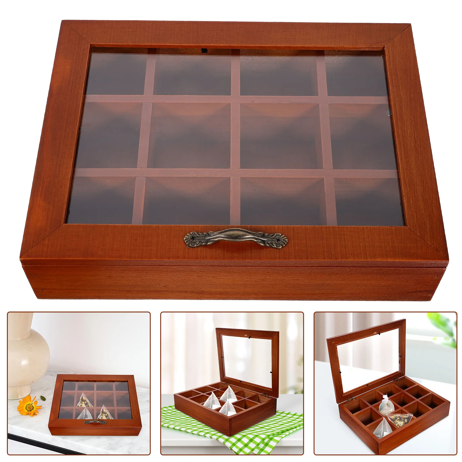 

Wood Tea Bag Holder Tea Bag Storage Case 12-Compartment Spice Bag Holder With Clear Lid Tea Bag Holder For Home Cabinet Kitchen
