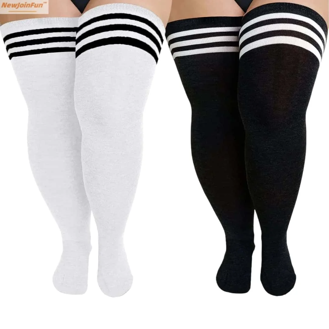 Übergroße Overknee-Socken in Schwarz-Weiß Gestreift, Lange Socken für Herbst und Winter, Dicke Strümpfe, Beinwärmer für Damen, Übergröße 3XXXL