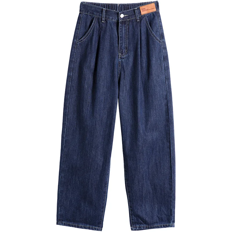 High Waisted Jeans Loose Straight Tube Harun Pants Dark Blue Elastic Denim Trousers