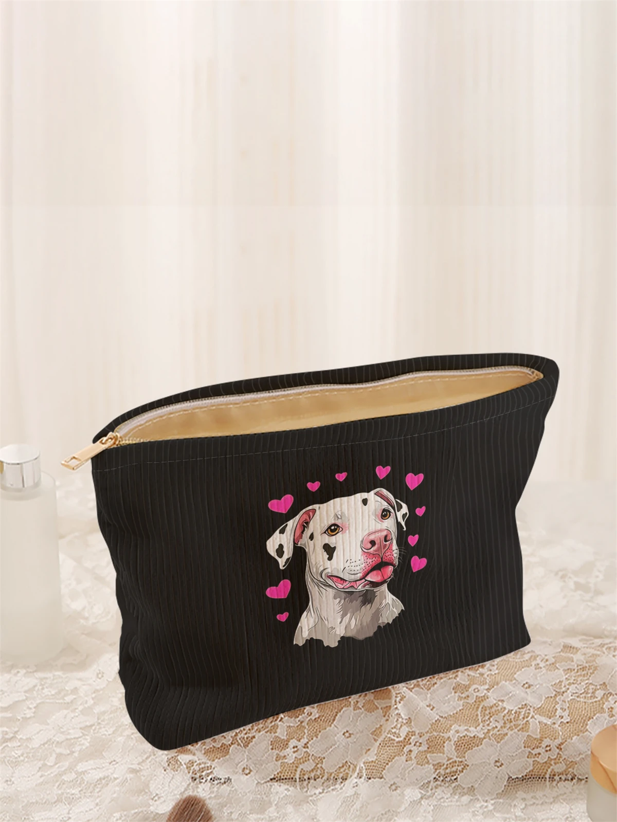 1pc cartoon dog pattern printed corduroy makeup bag, lightweight zipper makeup storage box, multifunctional bag with lining
