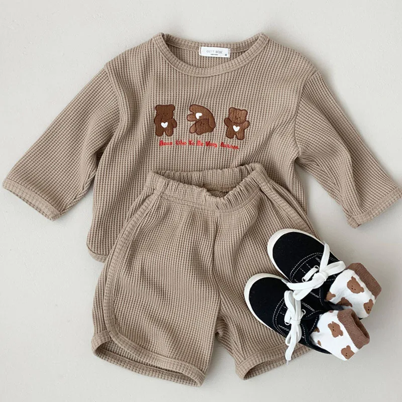 baby shirt clothing set 2022 Summer Baby Clothes Set Waffle Cartoon Bear Long Sleeve T-Shirts Shorts 2PCS Baby Boys Outfits Toddler Infant Girls Suit baby clothing set red	 Baby Clothing Set